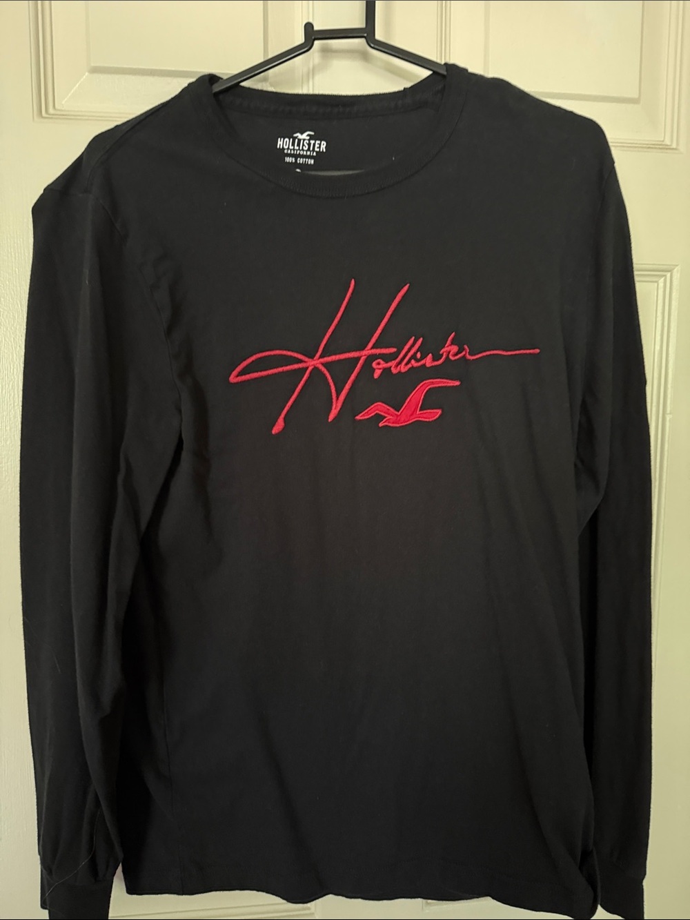 Hollister Black Long-Sleeve Tee with Red Script Logo